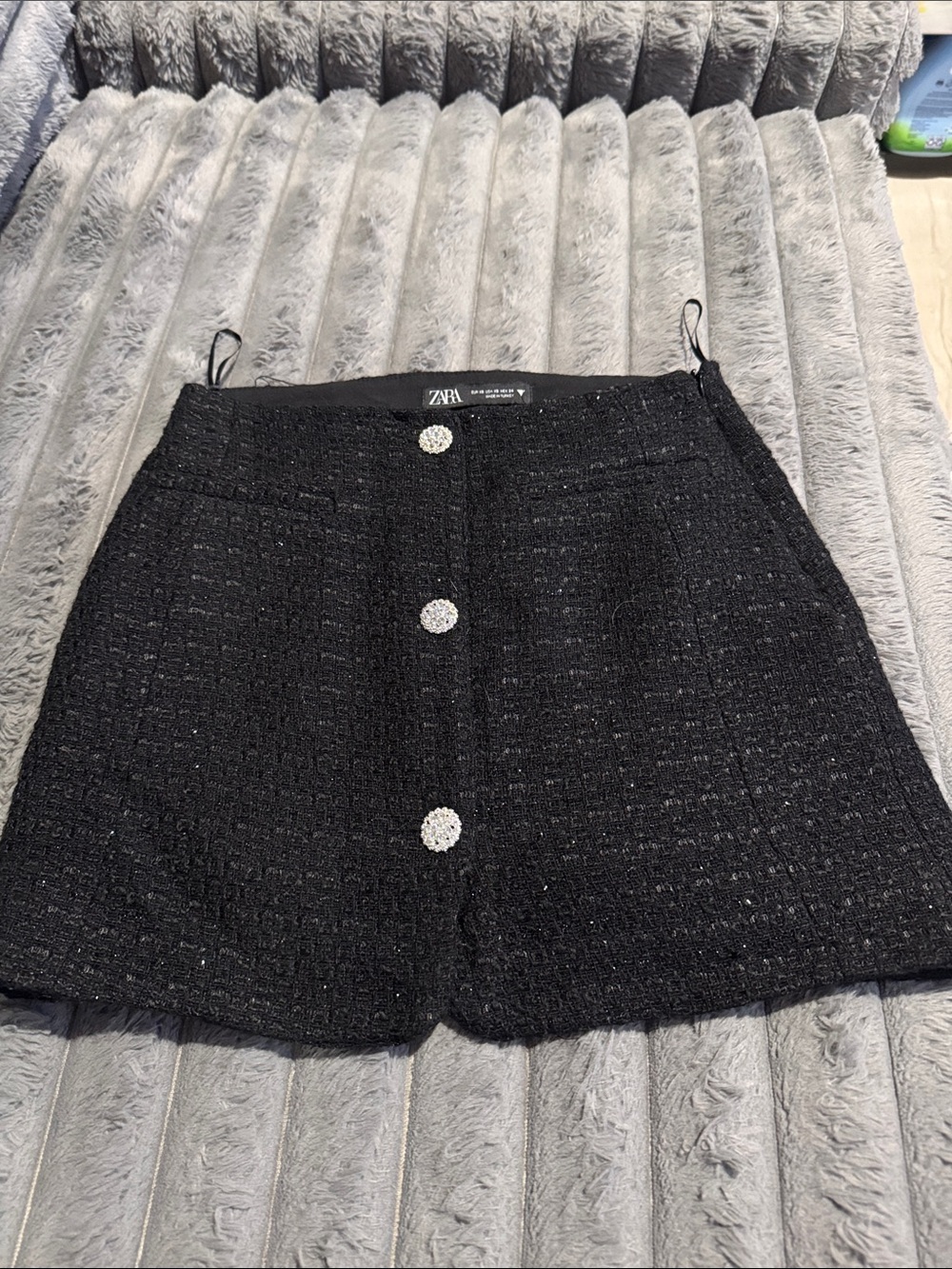 Zara Black Tweed Mini Skirt with Crystal Buttons
